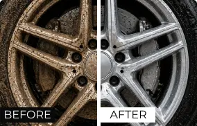 Before and after cleaning example showing a dirty wheel and a cleaner wheel