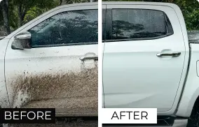 Before and after example showing dirt on a vehicle exterior and a cleaner comparison