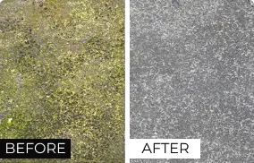 Before and after example showing an outdoor hard surface with visible buildup and a cleaner comparison area