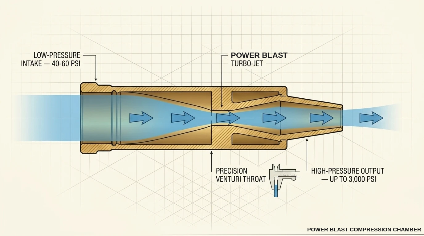 Manufacturer-supplied illustration showing a narrowed internal water passage through a nozzle